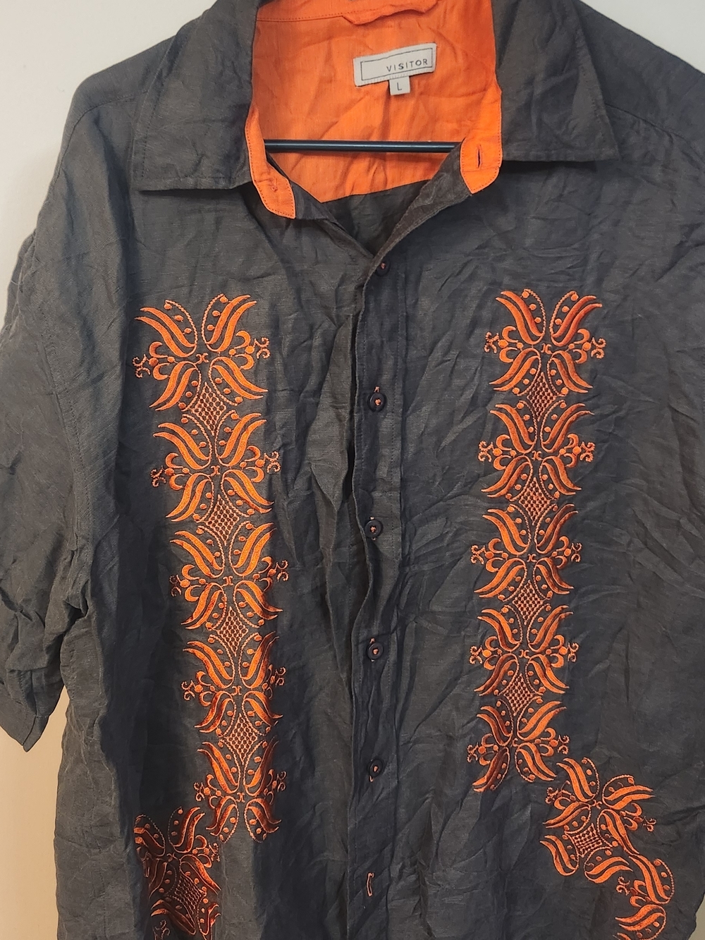 Visitor Embroidered Button-Up Shirt in Charcoal & Orange